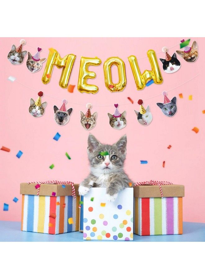 Bessmoso Funny Cat Party Garland Meow Letter Balloons Cats Faces With Party Hats Banner Kitten Bunting Photo Props For Cat Theme Birthday Party Pet Adoption Party Supplies - Image 5