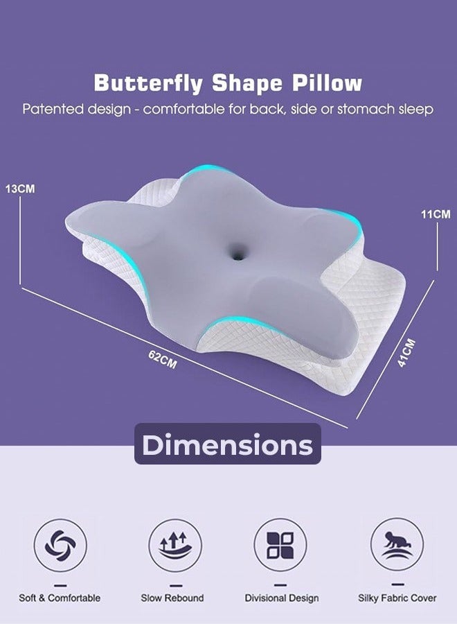 Memory Foam Cervical Pillow - erfly-Shaped Ergonomic Support for Neck and Shoulder Pain Relief, Ideal for Side, Back, and Stomach Sleepers, Includes Washable Cover and Eye Mask - Image 3