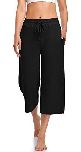 UEU Womens Capris Yoga Pants Summer Wide Leg Loose Casual Elastic Waisted Lounge Pajama Cropped Capri Sweatpants Drawstring Palazzo Pant with Pockets Black M - Image 1