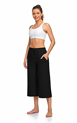 UEU Womens Capris Yoga Pants Summer Wide Leg Loose Casual Elastic Waisted Lounge Pajama Cropped Capri Sweatpants Drawstring Palazzo Pant with Pockets Black M - Image 4