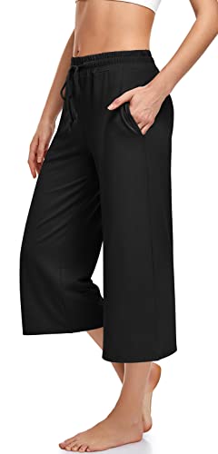 UEU Womens Capris Yoga Pants Summer Wide Leg Loose Casual Elastic Waisted Lounge Pajama Cropped Capri Sweatpants Drawstring Palazzo Pant with Pockets Black M - Image 2