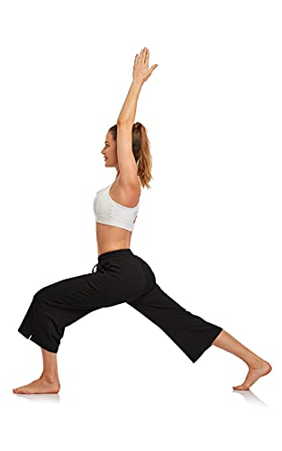 UEU Womens Capris Yoga Pants Summer Wide Leg Loose Casual Elastic Waisted Lounge Pajama Cropped Capri Sweatpants Drawstring Palazzo Pant with Pockets Black M - Image 5