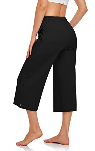 UEU Womens Capris Yoga Pants Summer Wide Leg Loose Casual Elastic Waisted Lounge Pajama Cropped Capri Sweatpants Drawstring Palazzo Pant with Pockets Black M - Image 3