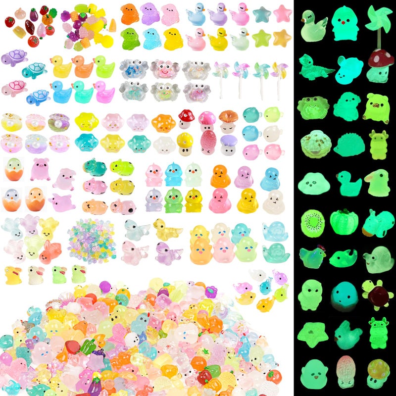 LJMBOEN 400pcs Luminous Mini Resin Animal in The Dark Tiny Miniature Figures Ornament Duck Frog Mushroom Owl Dog Rabbit Crab Dolphin Shell Fairy Garden Accessories Aquarium Landscape Bonsai Decor - Image 1