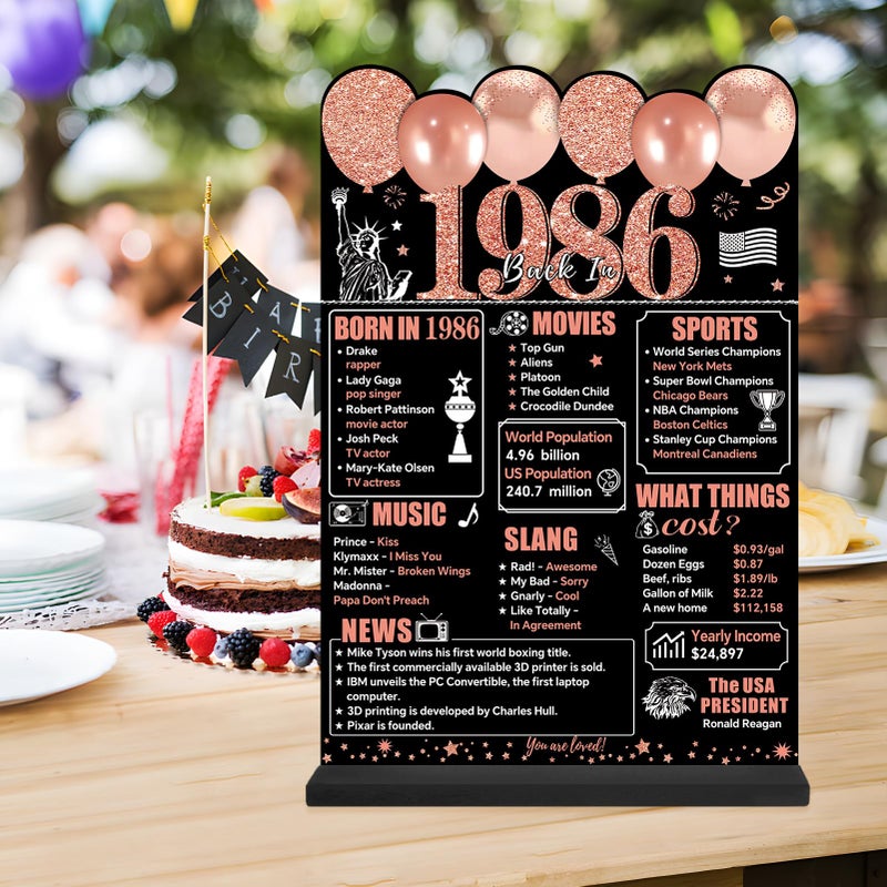 Guiruiy Rose Gold 40th Birthday Decorations for Women, Two-Sided Vintage 40 Back in 1986 Theme Poster Wooden Table Sign with Stand, Forty Years Old Bday Centerpieces Display Holder for Table Decor - Image 4