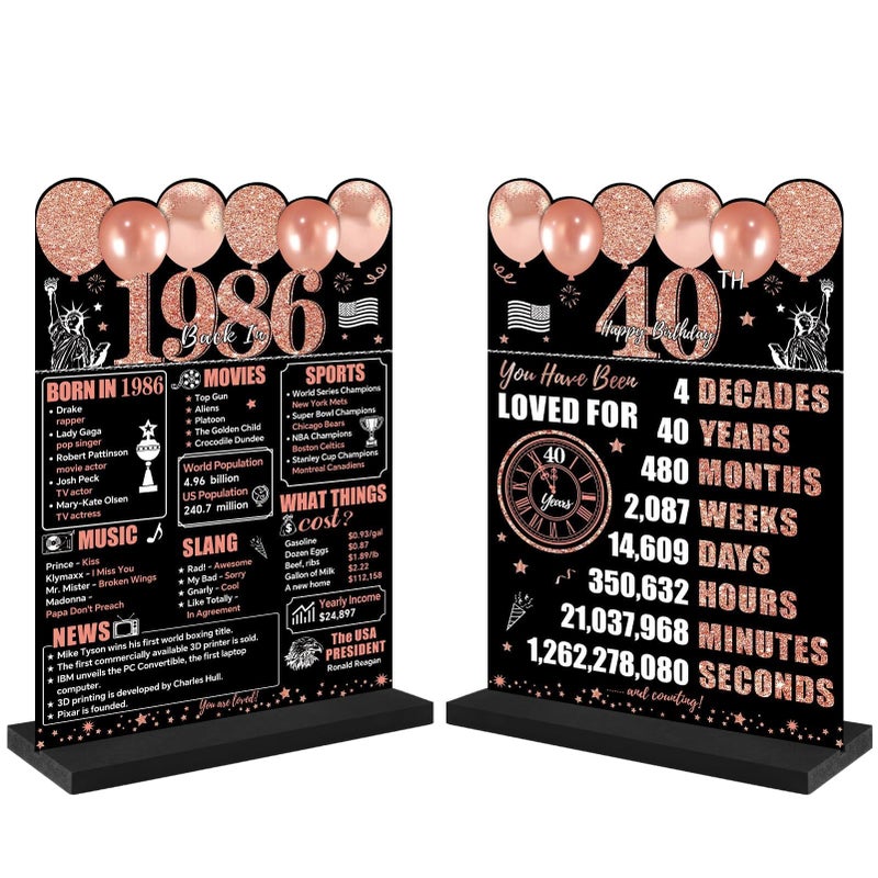 Guiruiy Rose Gold 40th Birthday Decorations for Women, Two-Sided Vintage 40 Back in 1986 Theme Poster Wooden Table Sign with Stand, Forty Years Old Bday Centerpieces Display Holder for Table Decor - Image 1