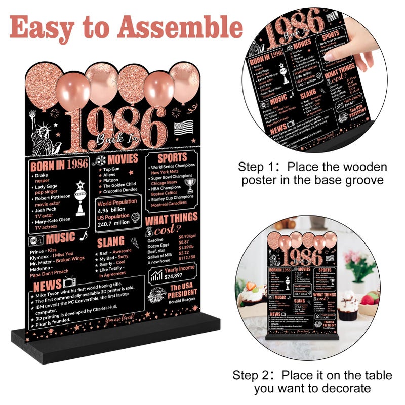 Guiruiy Rose Gold 40th Birthday Decorations for Women, Two-Sided Vintage 40 Back in 1986 Theme Poster Wooden Table Sign with Stand, Forty Years Old Bday Centerpieces Display Holder for Table Decor - Image 3