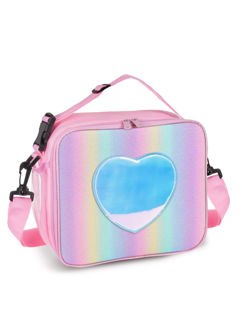 Children'S Lunch Box, Rainbow Laser Tote Leakproof Insulated Lunch Bag Reusable Insulated Bento Bag Picnic Ice Bag Girls (Pink)  - Image 1