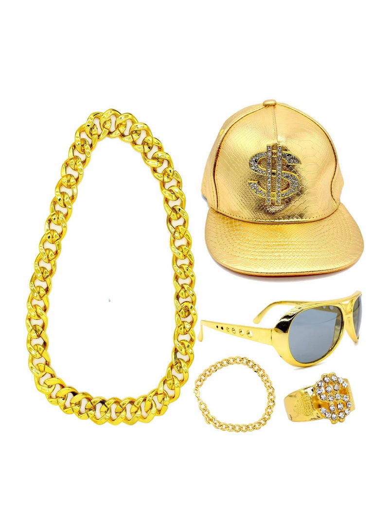Hip Hop Costume Set for Men and Women, 5-Piece Accessory Pack with Flat-Brimmed Hat, Necklace, Ring, Sunglasses, and Bracelet, Perfect for 80s/90s Rapper Themed Parties and Events - Image 1