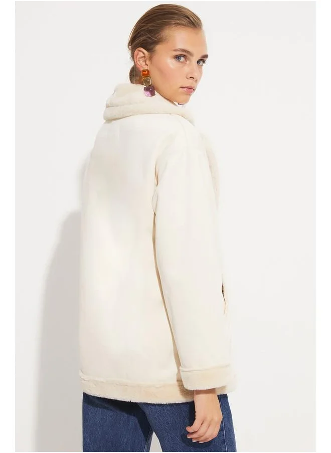جون June Pu Fur Buttoned Biker Coat Beige