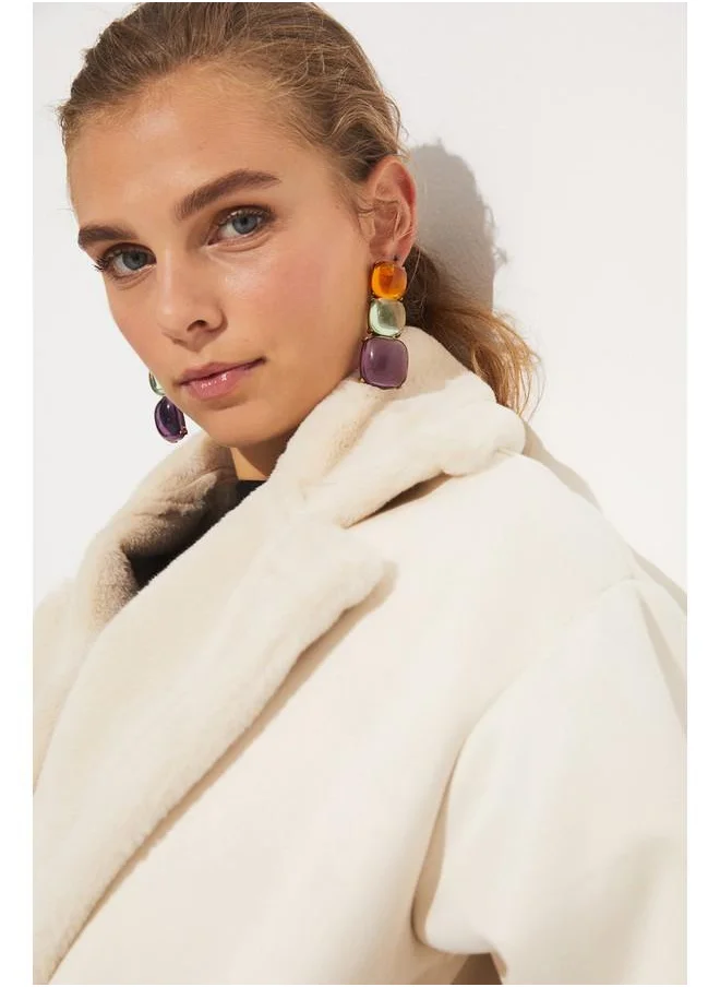 جون June Pu Fur Buttoned Biker Coat Beige