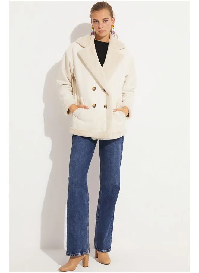 جون June Pu Fur Buttoned Biker Coat Beige
