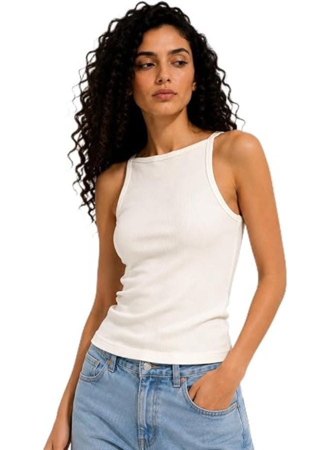 Nileton Women's Basic Ribbed Knit - Cotton Boat Neck Tank Top - Slim Fit Sleeveless Stretchy Fitted Casual Everyday Tank - Image 1
