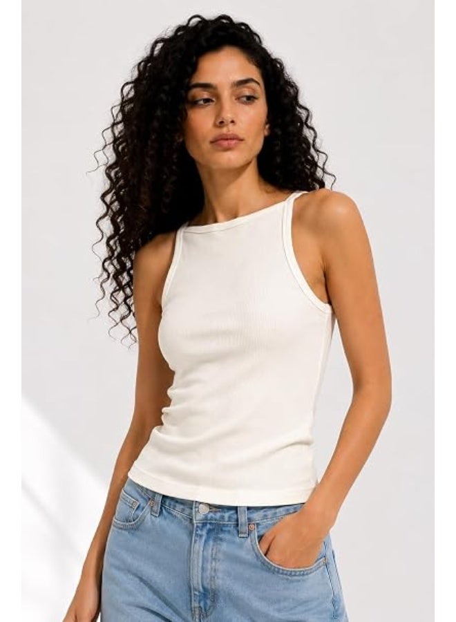 Nileton Women's Basic Ribbed Knit - Cotton Boat Neck Tank Top - Slim Fit Sleeveless Stretchy Fitted Casual Everyday Tank - Image 3