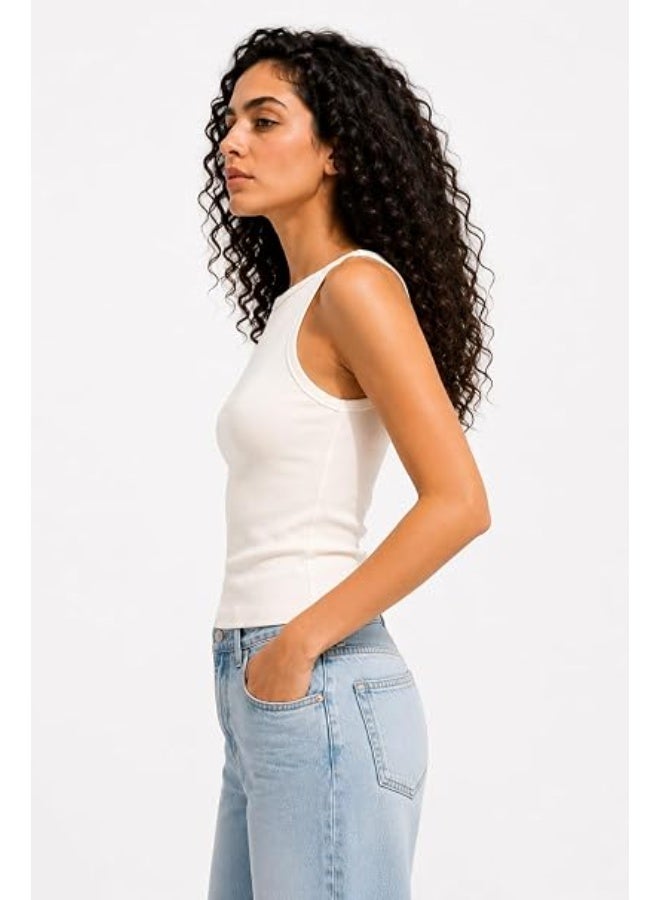 Nileton Women's Basic Ribbed Knit - Cotton Boat Neck Tank Top - Slim Fit Sleeveless Stretchy Fitted Casual Everyday Tank - Image 4