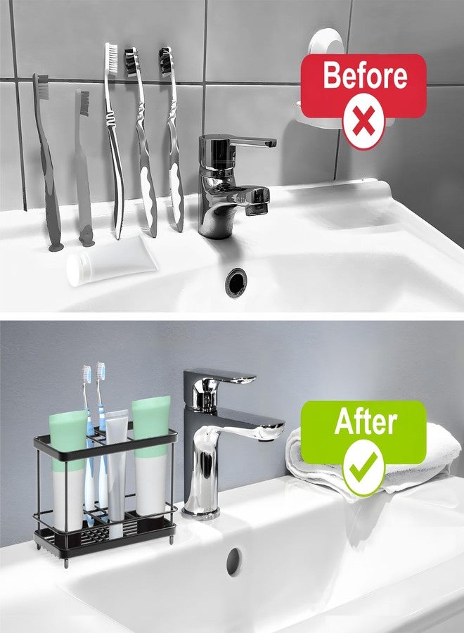 EOFJRUC Toothbrush Holders for Bathrooms, 7 Slots Stainless Steel Toothbrush Toothpaste Holder, Bathroom Accessories Organizer Accessories with Tray for Countertop & Sink Black - Image 2