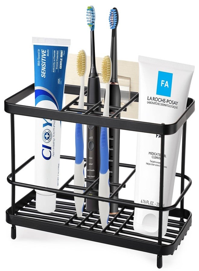 EOFJRUC Toothbrush Holders for Bathrooms, 7 Slots Stainless Steel Toothbrush Toothpaste Holder, Bathroom Accessories Organizer Accessories with Tray for Countertop & Sink Black - Image 1