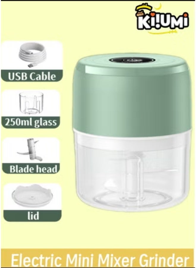 KIIUMI Electric Chopper Mixer Grinder, Electric Mini Garlic Chopper, Baby Food Processor, Portable Cordless Garlic Mincer Masher, Meat Grinder with USB Charging for Vegetable, Chili, Fruits, Ginger, Baby Food, Seasoning 250ml (Green) - Image 1