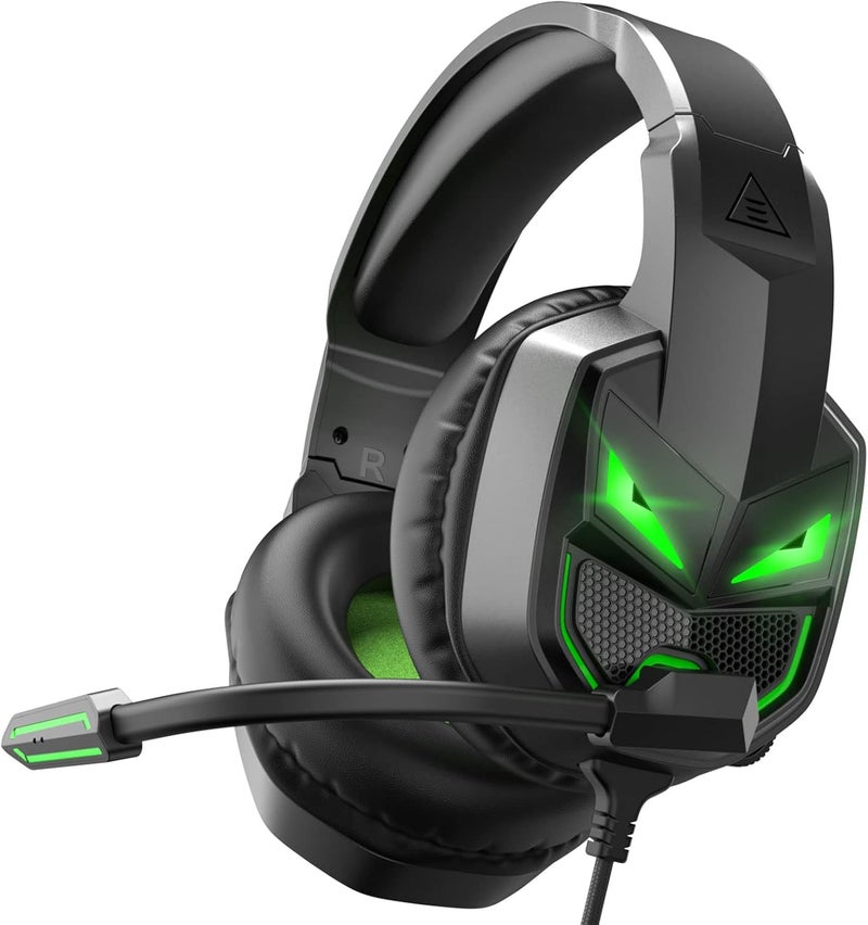 إكسا سماعة ألعاب لأجهزة Xbox One، PS4، PC، PS5، الأجهزة المحمولة - سماعة ألعاب مع ميكروفون عازل للضوضاء، وسادات أذن مريحة، محركات 50 مم، إضاءة RGB، تحكم بزر واحد (أخضر) (أسود) - Image 1