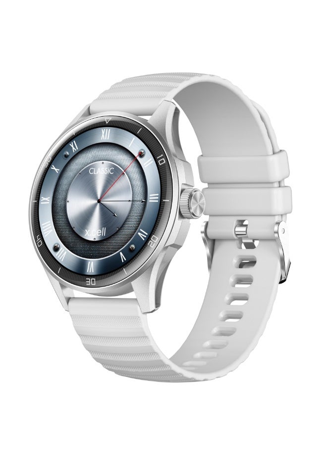 Xcell Xcell Classic6 Smartwatch, 1.43" AMOLED Display, Bluetooth Calling, 2 Premium Straps, Heart-Rate/BP/SpO₂, Multi Language, IP68, 7-Day Battery, iOS/Android Compatible- Silver Frame with Grey Strap  - Image 1