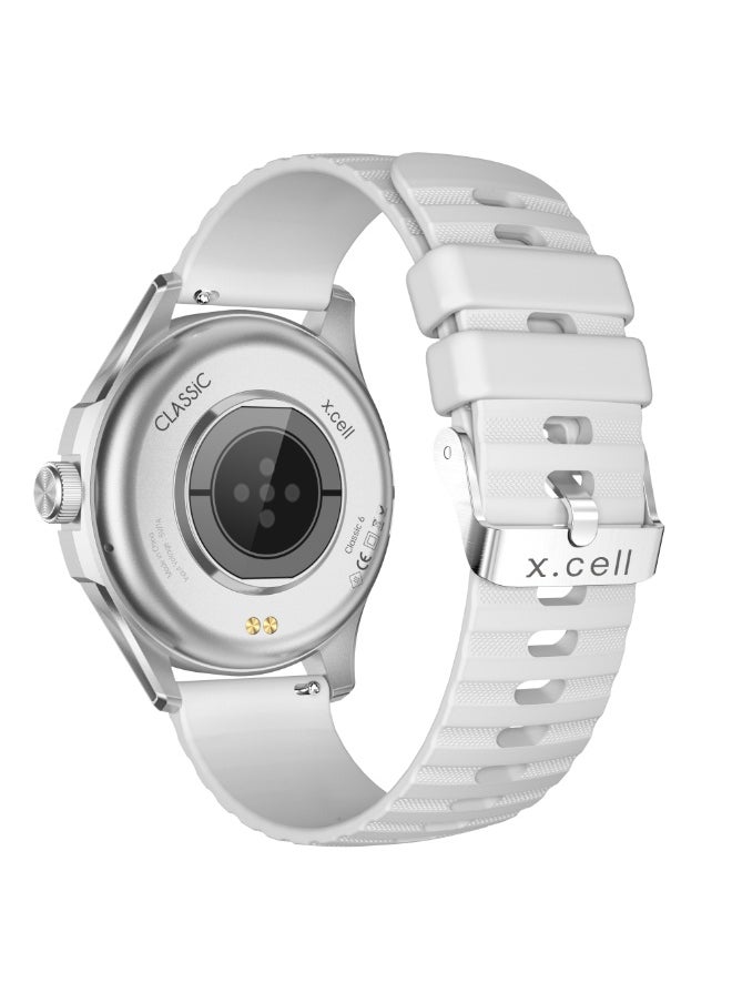 Xcell Xcell Classic6 Smartwatch, 1.43" AMOLED Display, Bluetooth Calling, 2 Premium Straps, Heart-Rate/BP/SpO₂, Multi Language, IP68, 7-Day Battery, iOS/Android Compatible- Silver Frame with Grey Strap  - Image 3