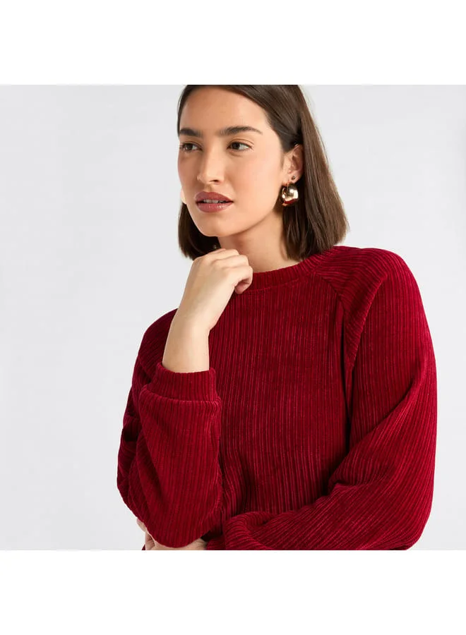 Splash FAV Textured Round Neck Sweatshirt with Raglan Sleeves