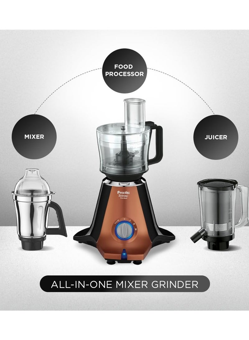 Preethi Zodiac Stardust Mixer Grinder for Kitchen, 5 Jars 750 Watt Mixie (3 Stainless steel Jars +1 Juicer Jar+1 Master Chef Plus Food processor Jar), Black/Copper (MG-265)  - Image 2