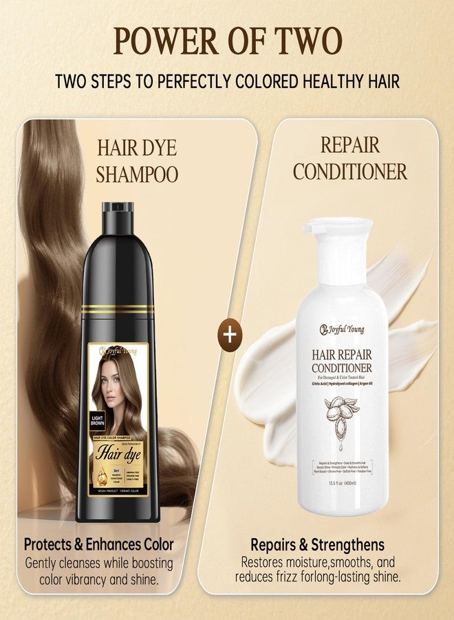 Joyful Young 3-in-1 Natural Hair Dye Shampoo & Hair Repair Conditioner Bundle - Gray Coverage & Deep Moisture - Vegan, Sulfate-Free, Color-Safe - Argan Oil, Collagen - 2x400ml (LIGHT BROWN) - Image 2