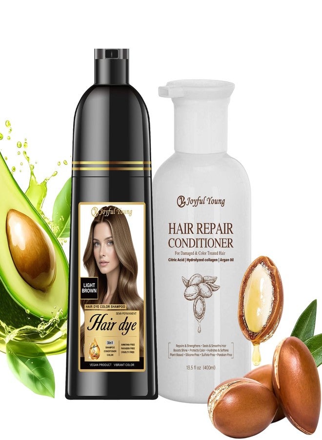 Joyful Young 3-in-1 Natural Hair Dye Shampoo & Hair Repair Conditioner Bundle - Gray Coverage & Deep Moisture - Vegan, Sulfate-Free, Color-Safe - Argan Oil, Collagen - 2x400ml (LIGHT BROWN) - Image 1
