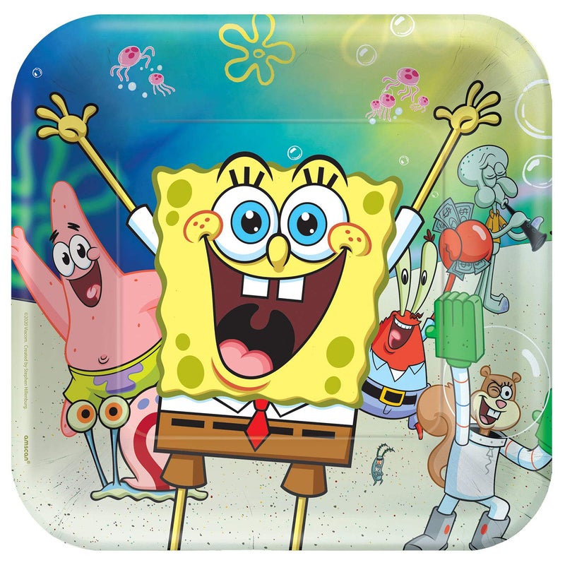 Amscan Square Plates Pack of 8  9  Colorful Paper Party Plates  Perfect for Themed Birthdays and Celebrations SpongeBob