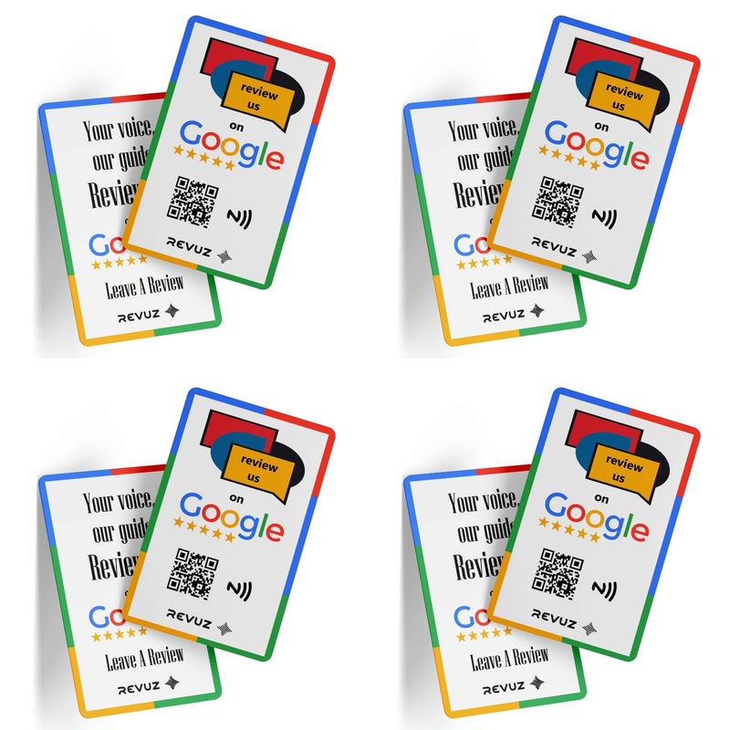REVUZ بطاقة مراجعة جوجل - مزودة بشريحة NFC ورمز QR، تفعيل فوري مع رابط صفحة عملك، انقر أو امسح للوصول (85.6 مم × 54 مم، أبيض، 4) - Image 1