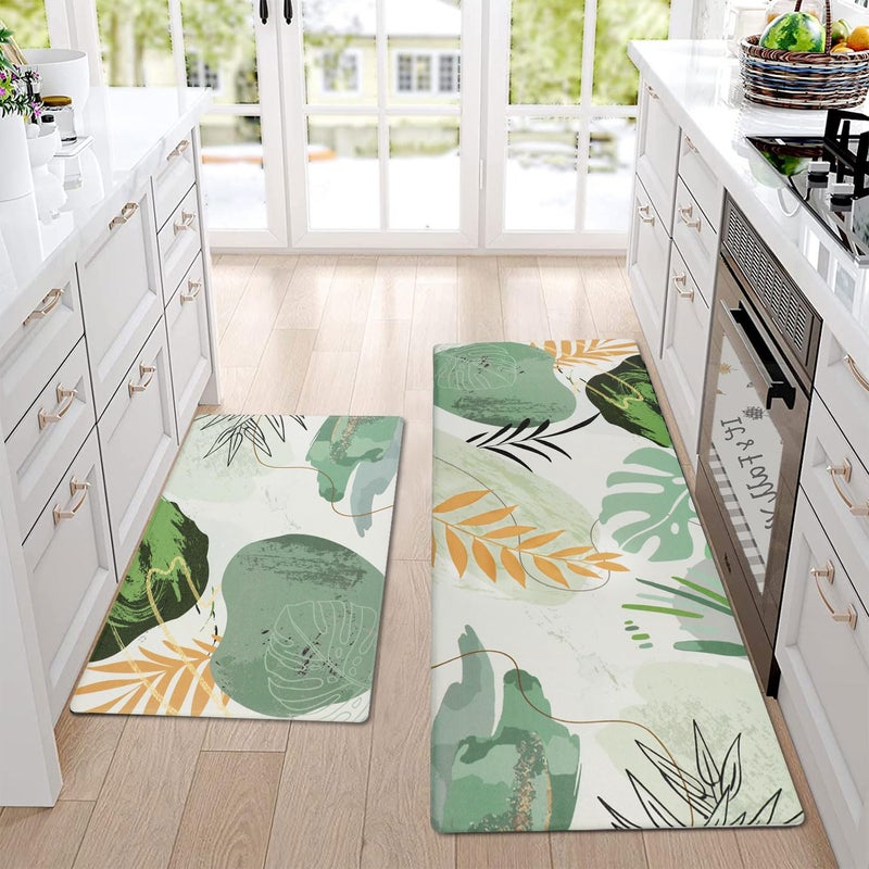 Homcomoda Kitchen Rugs Sets of 2 Cushioned Anti Fatigue Kitchen Mats Sets 2 Piece Kitchen Floor Mats Green Non Slip Waterproof Standing Mat for KitchenSinkOffice