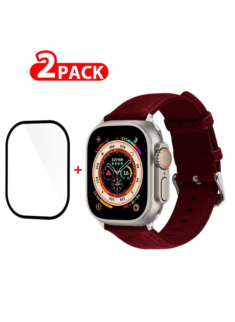CATANES 2 Packs For Apple Watch Band 49mm Leather Band Buckle Strap Wristband and 3D Screen Protector Dark Red  - Image 1