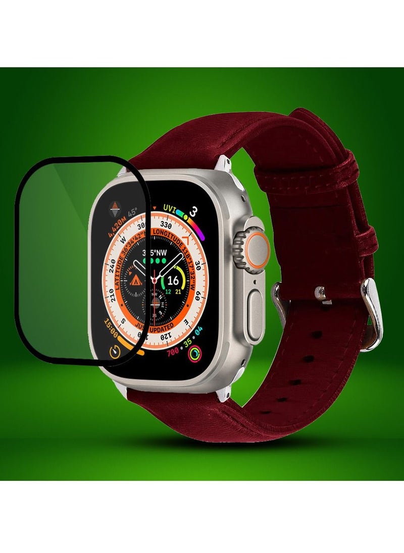 CATANES 2 Packs For Apple Watch Band 49mm Leather Band Buckle Strap Wristband and 3D Screen Protector Dark Red  - Image 2