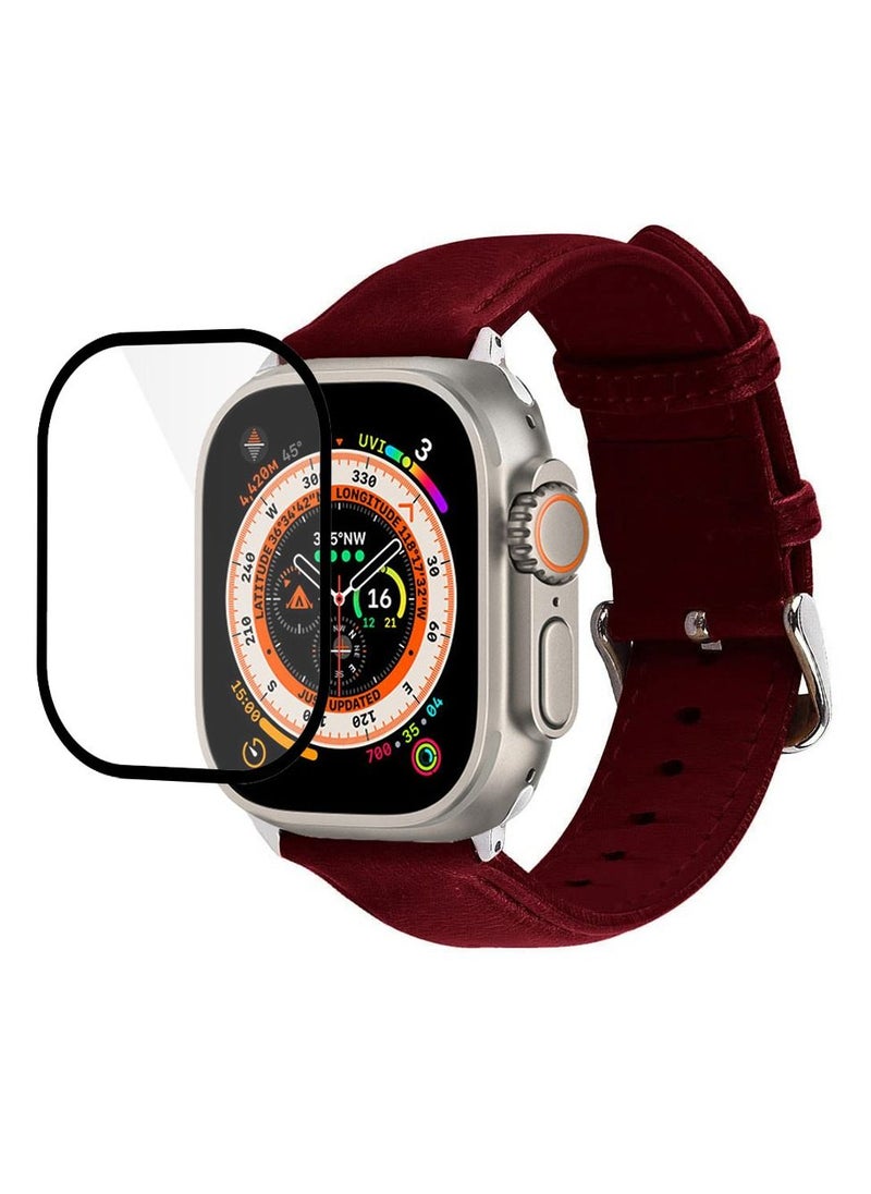 CATANES 2 Packs For Apple Watch Band 49mm Leather Band Buckle Strap Wristband and 3D Screen Protector Dark Red  - Image 3