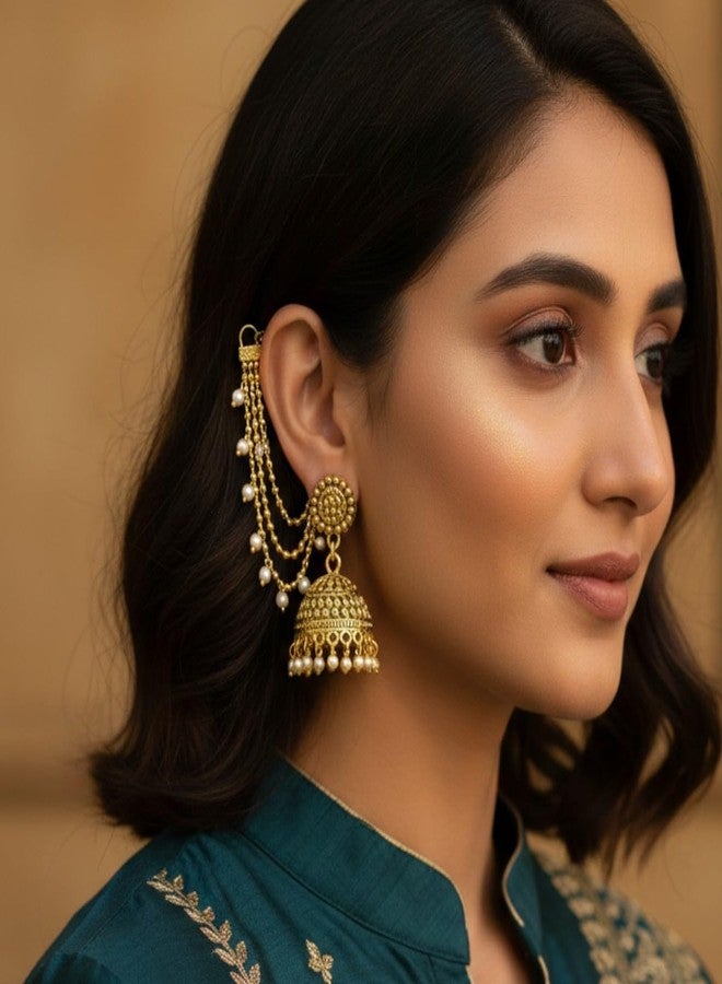 ACCESSHER Women's & Girls' Gold-Plated Multi-Layer Pearl Drop EarChain | Elegant 3-Layer Beaded Jewelry for Sarees, Lehengas & Ethnic Dresses | Perfect for Weddings & Special Occasions - Image 4