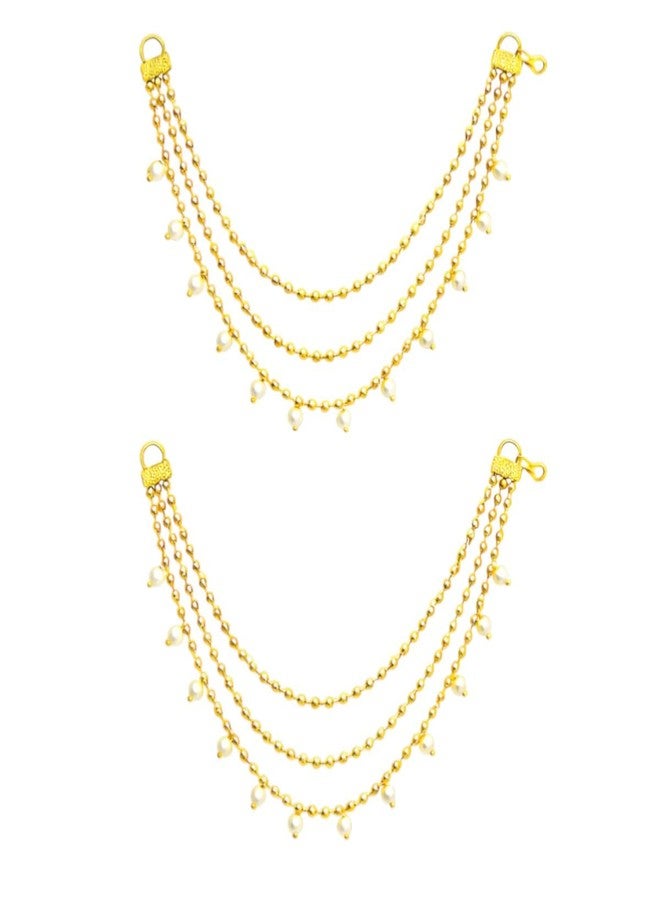ACCESSHER Women's & Girls' Gold-Plated Multi-Layer Pearl Drop EarChain | Elegant 3-Layer Beaded Jewelry for Sarees, Lehengas & Ethnic Dresses | Perfect for Weddings & Special Occasions - Image 1