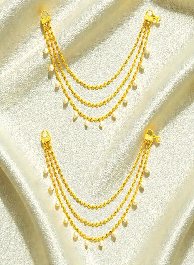 ACCESSHER Women's & Girls' Gold-Plated Multi-Layer Pearl Drop EarChain | Elegant 3-Layer Beaded Jewelry for Sarees, Lehengas & Ethnic Dresses | Perfect for Weddings & Special Occasions - Image 3