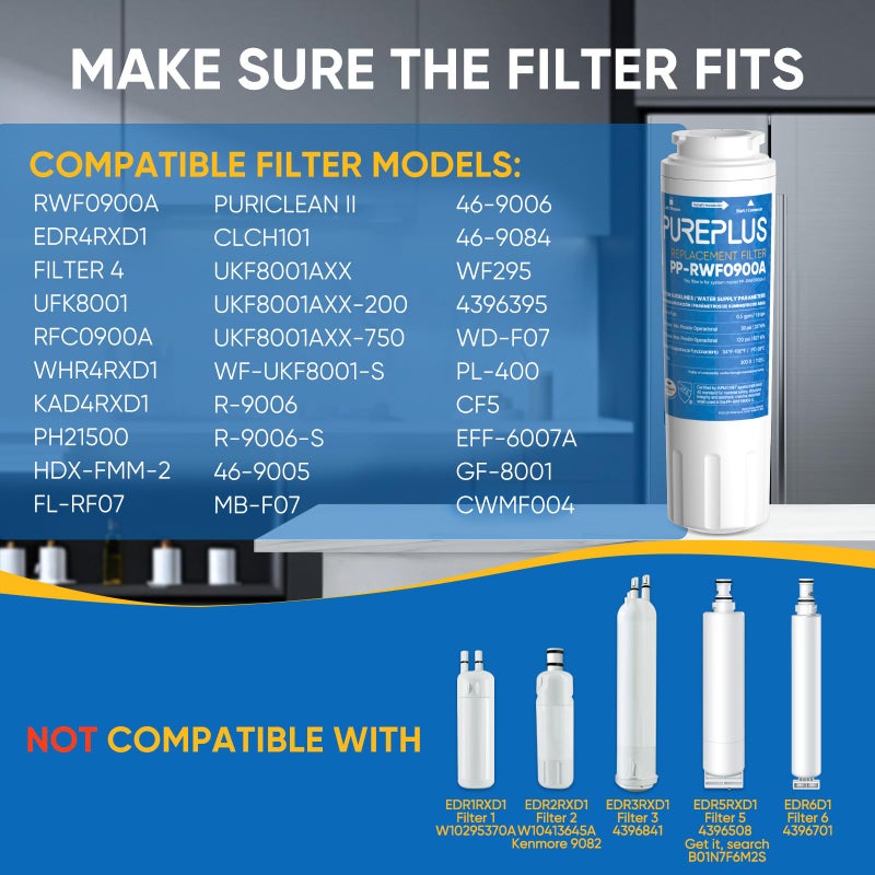 Pure Plus Pureplus Ukf8001 Refrigerator Water Filter Replacement For Maytag Ukf8001P  Edr4Rxd1  Everydrop Filter 4  Pur 4396395  Puriclean Ii  Ukf8001Axx-200  Ukf8001Axx-750  Rwf0900A  Rfc0900A  469006  4Pack - Image 2