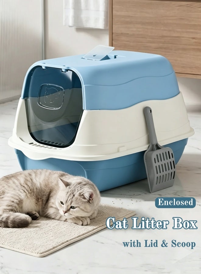 WangPangZi Cat Litter Box with Lid, Enclosed Cat Toilet with Litter Scoop, Kitty Litter Tray Litter Sandbox Hooded Litterbox Cat Litter Pan Kitty Cat Box Detachable Pet Litter Box with Front Door Flap Pet Accessories for Portability and Privacy, Odor Control (Blue) - Image 1