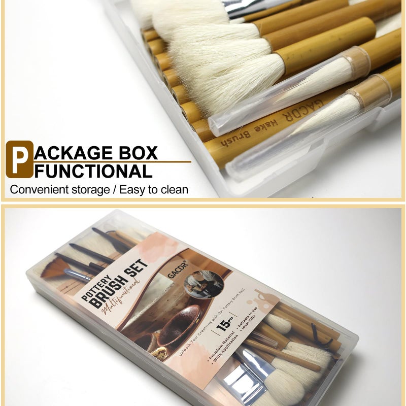 GACDR Pottery Brushes for Glazing, 15 Pcs Ceramic Brush Set With Storage Box, Wool Bamboon Hake for Pottery, Acrylic, Watercolor - Image 4