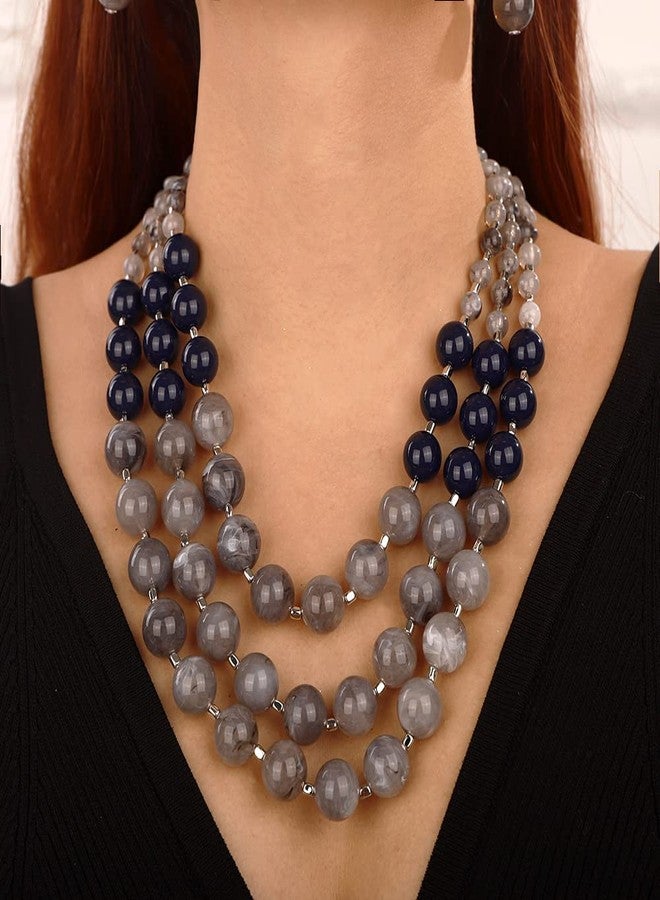 Wiwpar 3 Layer Colorful Multi Strand Simulated Pearl Beaded Statement Necklace Collar Bib Choker Necklace and Earrings Set for Women (gray) - Image 2