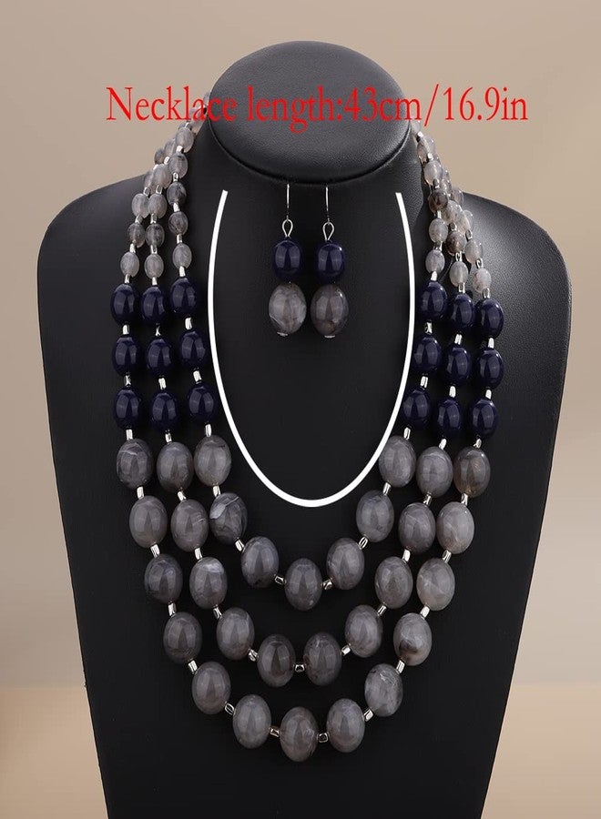 Wiwpar 3 Layer Colorful Multi Strand Simulated Pearl Beaded Statement Necklace Collar Bib Choker Necklace and Earrings Set for Women (gray) - Image 5