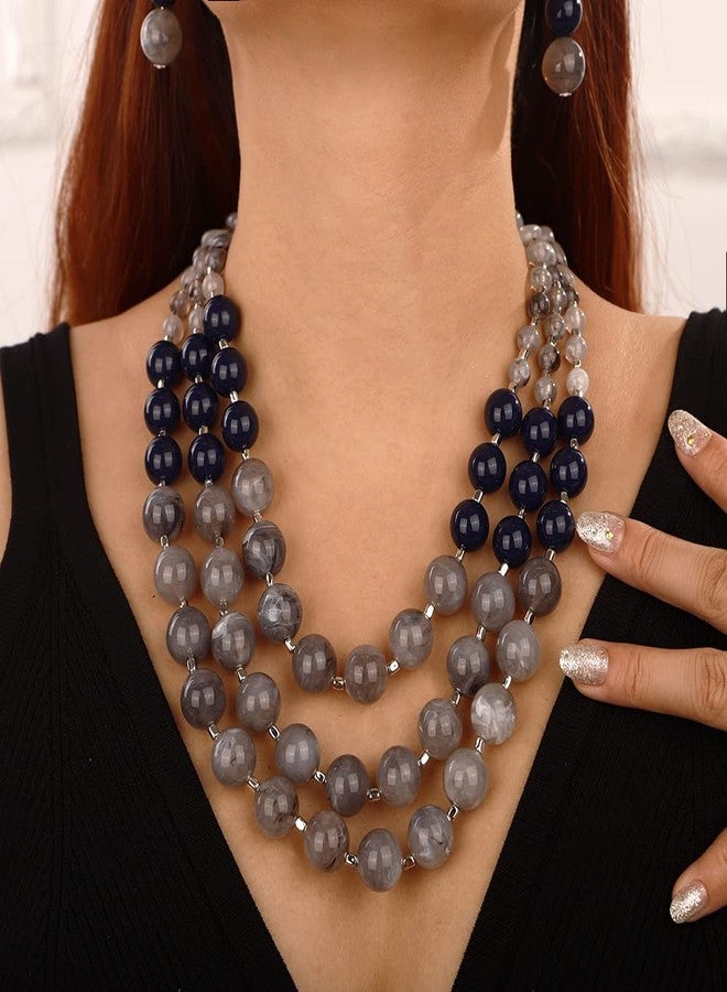 Wiwpar 3 Layer Colorful Multi Strand Simulated Pearl Beaded Statement Necklace Collar Bib Choker Necklace and Earrings Set for Women (gray) - Image 3