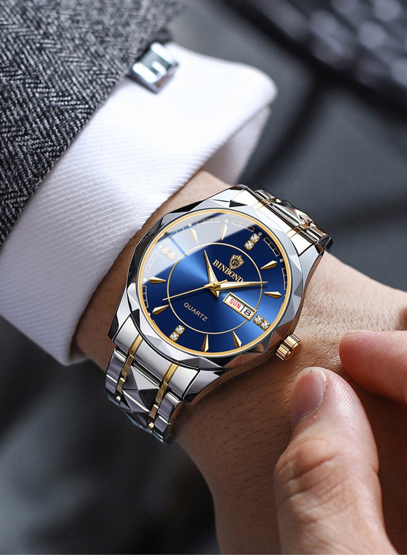 بينبوند ساعات رجالية كوارتز من الفولاذ المقاوم للصدأ ماركة أزياء عالمية رياضية عسكرية سوار فولاذي مقاوم للماء مضيئة ساعات يد رجالية ذهبية للأعمال - Image 2