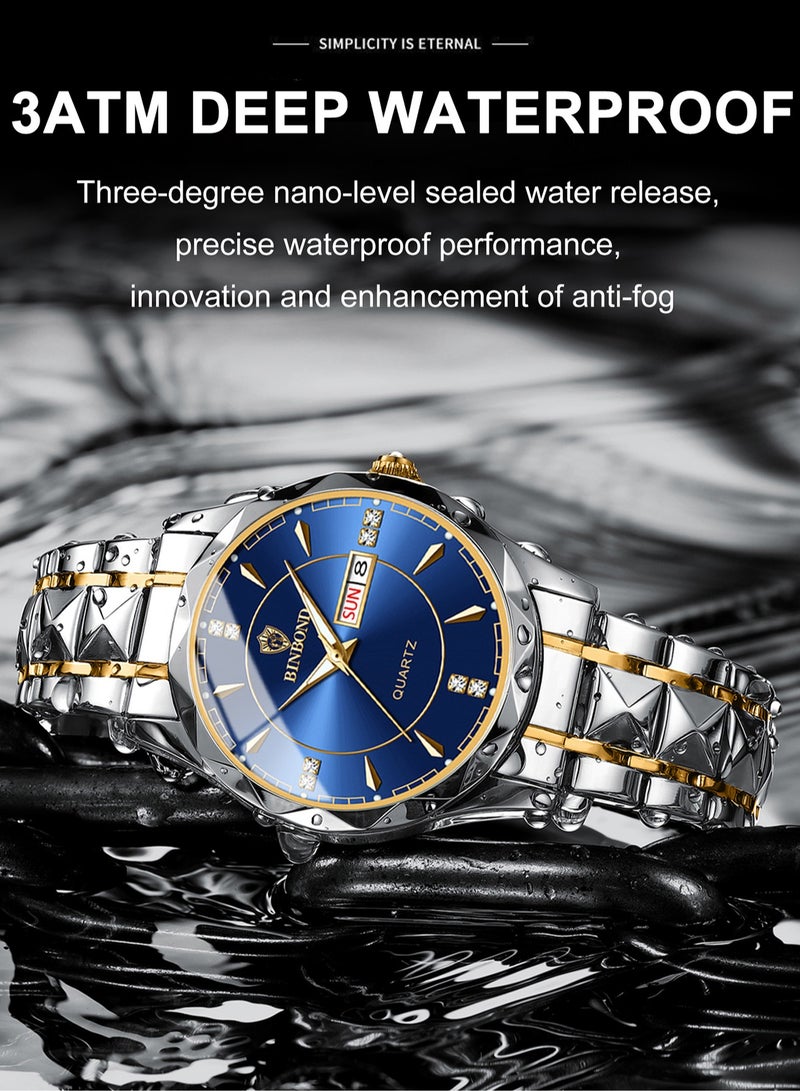 بينبوند ساعات رجالية كوارتز من الفولاذ المقاوم للصدأ ماركة أزياء عالمية رياضية عسكرية سوار فولاذي مقاوم للماء مضيئة ساعات يد رجالية ذهبية للأعمال - Image 3