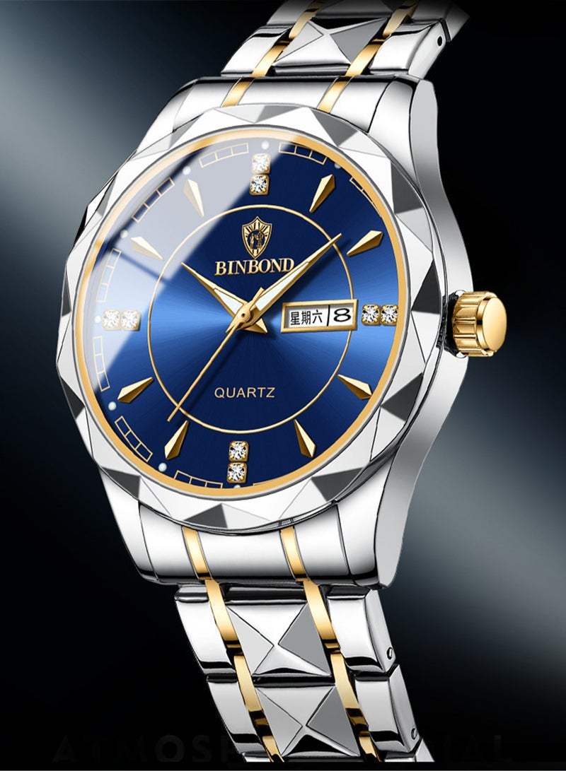 بينبوند ساعات رجالية كوارتز من الفولاذ المقاوم للصدأ ماركة أزياء عالمية رياضية عسكرية سوار فولاذي مقاوم للماء مضيئة ساعات يد رجالية ذهبية للأعمال - Image 4