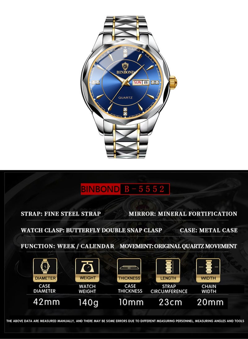بينبوند ساعات رجالية كوارتز من الفولاذ المقاوم للصدأ ماركة أزياء عالمية رياضية عسكرية سوار فولاذي مقاوم للماء مضيئة ساعات يد رجالية ذهبية للأعمال - Image 5