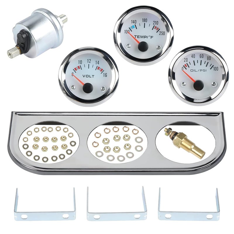 WATERWICH Triple Gauge Kit - 2 Inch 52mm Water Temperature, Oil Pressure, and Voltmeter for Cars, Trucks, and Marine - Image 1