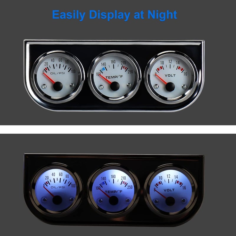 WATERWICH Triple Gauge Kit - 2 Inch 52mm Water Temperature, Oil Pressure, and Voltmeter for Cars, Trucks, and Marine - Image 3